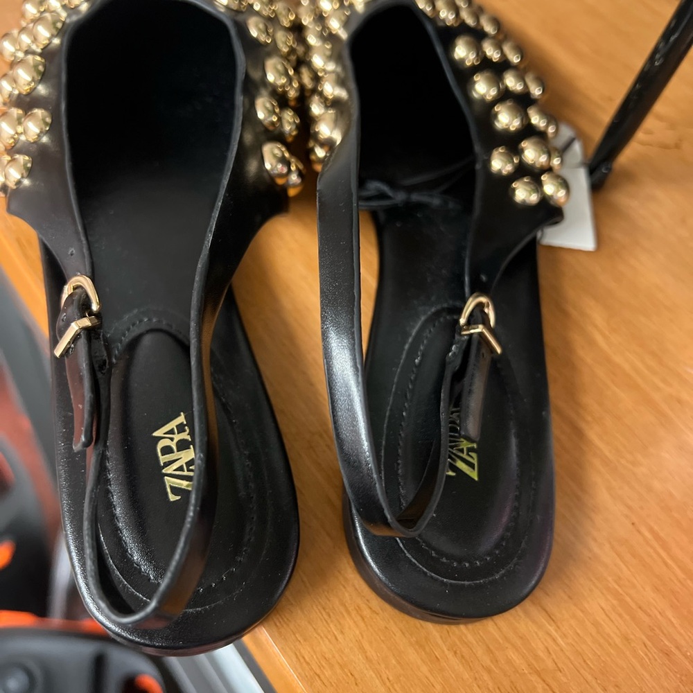 Zara brand New Women's Black Flats with Gold Studs - Picture 5 of 5
